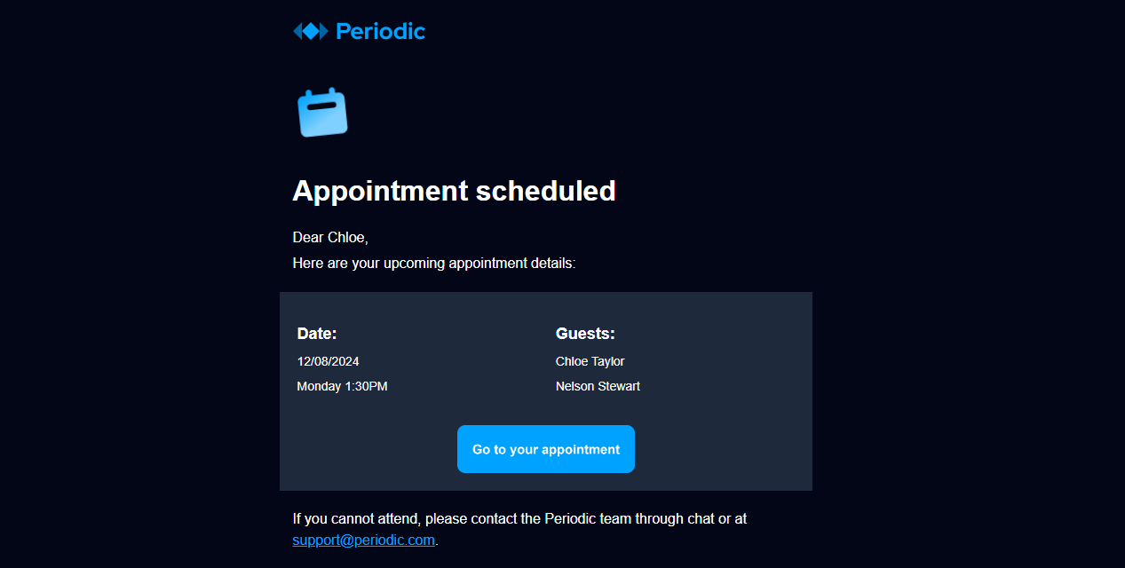 Screenshot of the appointment confirmation email template dark version, select to view the live version.