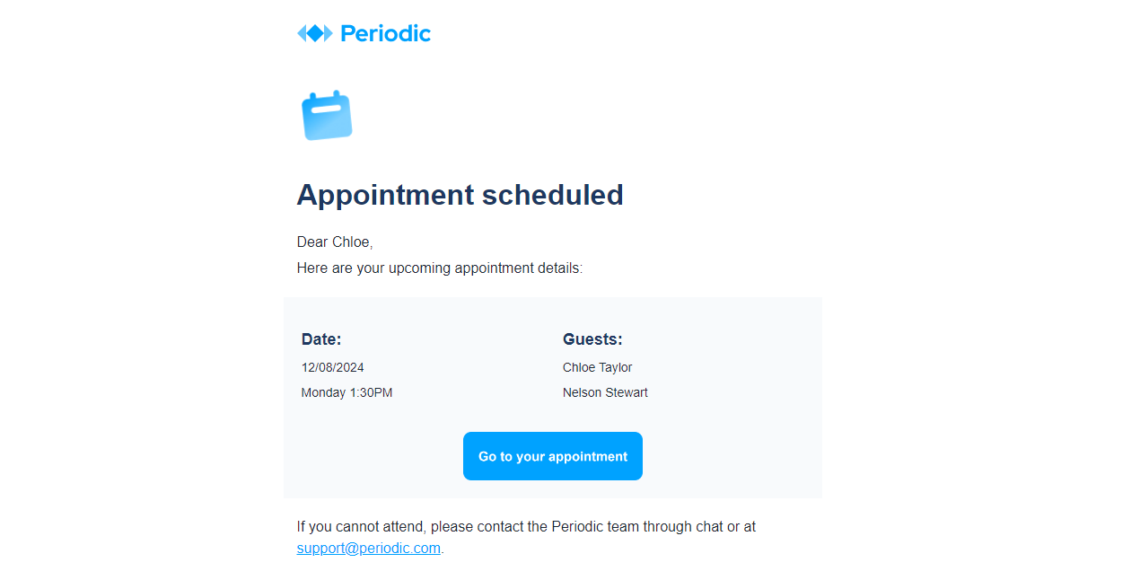 Screenshot of the appointment confirmation email template light version, select to view the live version.